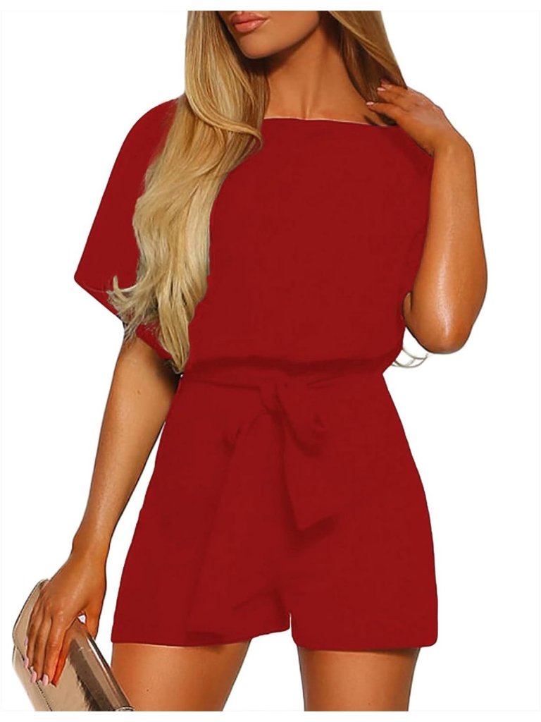 Women's True Red Boat Neck Keyhole Back Short Sleeve Imported Belted Romper